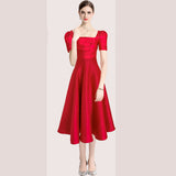 French Hepburn Style Temperament Pure Color Folds To The Waist Slim Hem Solid Color Dress Dress Summer 68HZ
