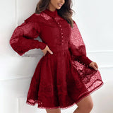 French Style High-End Embroidery Hook Dress 2025 New Lantern Sleeves To Close The Waist Thin Solid Color Dress Women's Summer 68HZ
