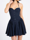 Hottie Women's Clothing Pure Style Stripes Hanging Neck To Bare Back Dress Women's Small Women's High-End Small Skirt 68HZ