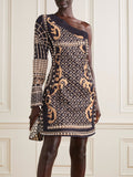 French Court Retro Style Dress 2025 New Slender Shoulder Collar Unilateral Sleeve High-End Print Short Dress Dress Woman 68HZ
