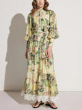 Literary Style Ticed With Waist Thin Collar Dress 2025 New Retro Print Design Long Dress Dress Women's Summer 68HZ