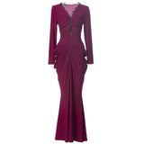 Sexy Deep V-Neck Care Machine Lace Splicing Purple Dress Tight Long Dress Dress Women Autumn New 2025 68HZ