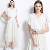 Lace Hollow Embroidery Hook Lotus Leaf Side Flying Sleeve V Collar Thai Dress Fairy Vacation Lotus Side Dress 68HZ