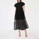 2025 New Korean Version Of The Design Of The Screen Splicing Loose T Dress Casual Short-Sleeved Long Dress Woman 68HZ