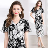 Summer Banquet Famous Wind V-Neck Bubble Sleeves Body-Brace Hip Three-Dimensional Flower Lace Dress 68HZ