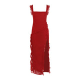 Women's French Suspension Dress Design Sensual Spice Girls Sexy Open Fork Dress Red Chiffon Dress Summer 68HZ