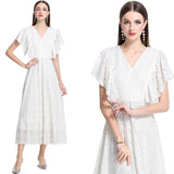 Lace Hollow Embroidery Hook Lotus Leaf Side Flying Sleeve V Collar Thai Dress Fairy Vacation Lotus Side Dress 68HZ