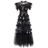 Heavy Industry Embroidery Round Collar Leaf Sleeve Net Dress Long Princess Dress Women's New Summer And Autumn 2025 68HZ