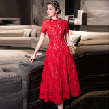 Heavy Industry Drill Round Lace Hook Flower Big Swing Waist Red Blue Short-Sleeved Dress Spring And Summer Women's Dress 2025 68HZ