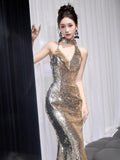 Evening Dress Gold Female Senior Slid To Toasting Bride 2024 New Banquet Host Fishtail Skirt Hanging Neck 68HZ