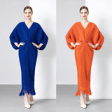 Miyako Dress 2025 Summer New Temperament Relaxed Bat Sleeve V Collar Thin Fish Tail Folded Long Dress 68HZ