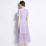 Summer Dress New Short-Sleeved Lace Dress Women's Long-Singed Flower Hollow Purple High-Waist Aa Skirt Thin 68HZ