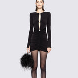 High-End Sexy Hollow Decoration Diamond Buckle Long-Sleeved Dress Women's New Small Pure Desire To Decorate The Design Dress 68HZ