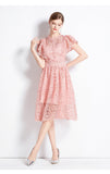 2024 Summer New French Elegant Water-Soluble Lace Hook Hollow Flying Sleeve Temperament Waist Dress Dress Woman 68HZ