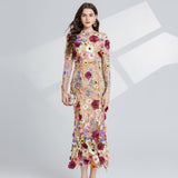 French Light Luxury Heavy Industry Embroidery Three-Dimensional Flowers Waist Long Sleeve Dress 68HZ