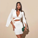 Autumn Women's Sexy Ass Dress Female White High-End Temperament Long-Sleeved Small Suit Dress Skirt 68HZ