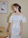 Evening Dress 2024 New Fine Shiny Piece Shoulder Dress Fishtail Dress Three-Dimensional Lotus Bra Little Dress 68HZ