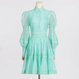 French Retro High-End Short Dress 2025 Summer New Fashion Collar Lantern Sleeve Mesh Waist Dress Dress Woman 68HZ