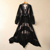 Sexy V-Neck Long-Sleeved Lace Splicing Black Irregular Swing Dress Spring And Summer Women's New 2024 68HZ