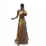 Summer New Women's Sexy Slant Shoulder Shoulder Long Sleeve Broken Flower Dress Dress High-End Big Swing Flowers 68HZ