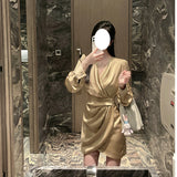 V Collar Long Sleeves Golden Lilyded Shiny Dress Femininity Folds Thin-Buttoned Dress 68HZ