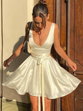 Dress Sexy Deep V Tie With Body-Caught White Short Dress Babes Sleeveless Dress Women's Pure Lust 68HZ