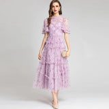 Round Collar Three-Dimensional Heavy Industry Embroidered Lotus Leaves Side Purple Dress Dress 2024 Summer New Women's Dress 68HZ