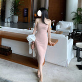 Korean Temperament Elegant Woman Body-Bodying And Hip-A-Word Shoulder-Wielt Dress Women's Banquet French Bag Hip Dress 68HZ