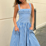 Sexy Women's Summer Summer Idyllic Dress Blue Lattice Sling Dress Summer Women's High-End Holiday Dress 68HZ