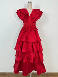Spring And Summer 2024 New V-Neck Flying Sleeve Embroidery Splicing Wooden Ear Layer Mid-Long Dress Dress Australian Vacation 68HZ
