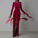 High-End Women's Fashion Round Collar Velvet Long Dress Tight Open Fork Dress Dress Long 68HZ