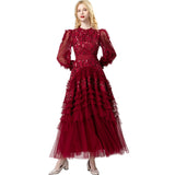 Heavy Industry Glide Round Collar Cascade Lantern Sleeves Big Wine Red Dress Women's New Autumn 2025 68HZ