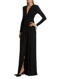 Women's New Sexy Deep V Kinesk Long-Sleeved Dress Dress High Open-Pocket Bag Even Skirt 68HZ