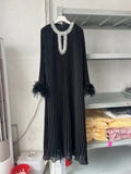 Spring And Autumn 2024 New Round-Necked Nail Pearl Feather Cuffs 100-Fold Loose Mid-Long Dress Dress Dress Women's Leisure 68HZ