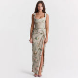 Summer Women's Chiffon Print T-Shirt Slings Umbilled Blouse Skirt Open Fork Two Sets Set 68HZ
