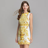 2024 Summer New Women's High-End Court Retro-Print Round-Neck Sleeveless Vest Short Dress 68HZ