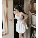 White Black Sling Bow Dress Female Summer French Design Small Small Long Dress 68HZ
