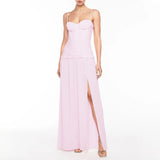Famous Style Dress 2025 New Temperament Pure Color Folding Open Fork Design Sexy Long Dress 68HZ