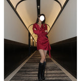Black/Red V-Necked Waist-Sleeve Shirt Dress Dress Dress Female Pure Ass Skirt 68HZ