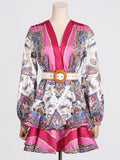 Bohemian Wind Print Lotus Leaf-Side Dress 2025 Summer New V-Neck Lantern Sleeves To Close The Waist Thin Skirt Woman 68HZ
