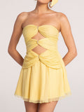 High-End Women's New Solid Color Sexy Hollow Bragy Dress High-End Temperament Folded Dress Dress 68HZ