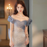 Evening Dress Dress Woman 2024 New Blue Fishtail High-End Light Luxury Niche High-End High-End High-End French Toast Bridal Wedding Dress 68HZ
