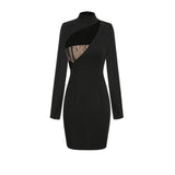 High-End Women's Sexy Hollow Splicing Long-Sleeved Dress Black Body-Body-Clawed Ass Banquet Dress 68HZ