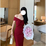 Wine Red French Champs-All Lys¨¦e Classic Shoulder Tea Dress High Waist Repair Body Scuffled Ass Bent Dress Woman 68HZ