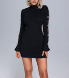 Black Long-Sleeved Bows Hollow Dark-Cuffled Mini Skirt Babes Twinning Dress 68HZ