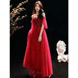 One-Word Shoulder Evening Dress 2025 New Temperament Elegant Fairy Dream Net Yarn Bridesmaid Lady Long Dress 68HZ