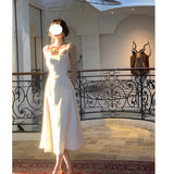 White Hanging Dress Women's New A-Flode French-Style Waist-Sensitive Design Temperament Dress Dress Long Dress 68HZ