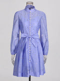 French Early Autumn Silk Taut Feeling High Collar Design Heavy Industry Nail Drill Long Sleeve Buckle Lantern Sleeve Dress Shows Temperament 68HZ