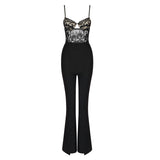 Lean Hepburn Women's Sling Lace Bandage Elastic Slimming Jumpsuit Fish Bone Long Black 68HZ