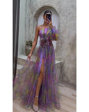Summer New Women's Sexy Slant Shoulder Shoulder Long Sleeve Broken Flower Dress Dress High-End Big Swing Flowers 68HZ